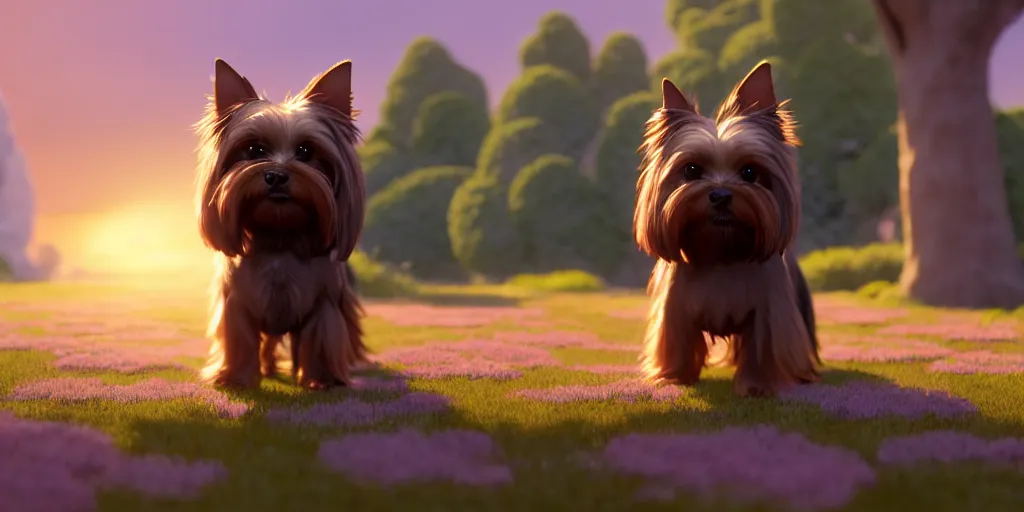 Image similar to a wholesome animation key shot of a brown and ashy 1 3 - year - old yorkshire terrier, studio ghibli, pixar and disney animation, sharp, rendered in unreal engine 5, anime key art by greg rutkowski, bloom, dramatic lighting