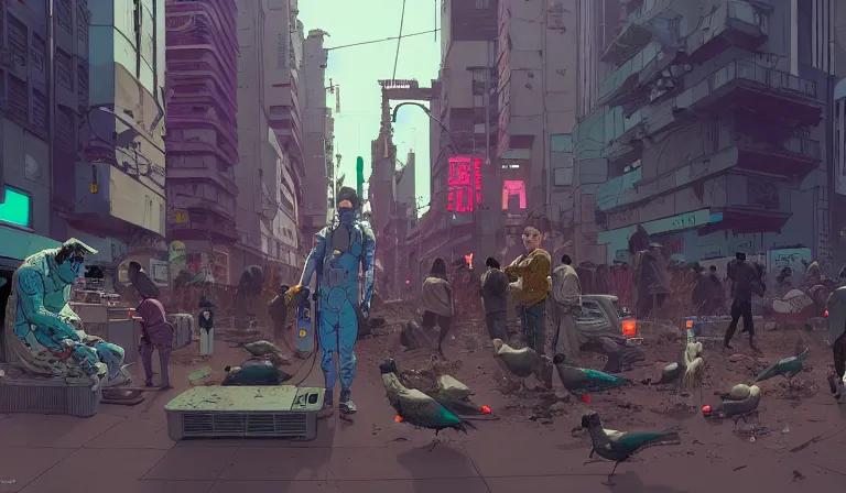 Prompt: cyborg feeding electric pigeons at a dirty crowded streetcorner, cyberpunk, by Josan Gonzalez and Tomer Hanuka and Geof Darrow and Brad Rigney and Greg Rutkowski,highly detailed, UHD, 8K, Ghost in the shell, Blade Runner, Trending on artstation, bokh, dof