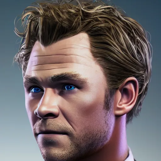 Image similar to Chris Hemsworth and Tom Hiddleston crossbreed, rendered in 3D by Xie Boli, trending on artstation, 4k, 8k, photorealistic imagery, photorealistic details, intricate, highly detailed