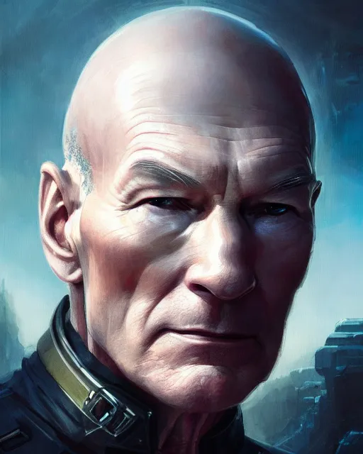 Image similar to a highly detailed portrait of Sir Patrick Stewart as Captain America, by greg rutkowski and android jones in a surreal portrait style, oil on canvas, ancient cyberpunk 8k resolution, masterpiece