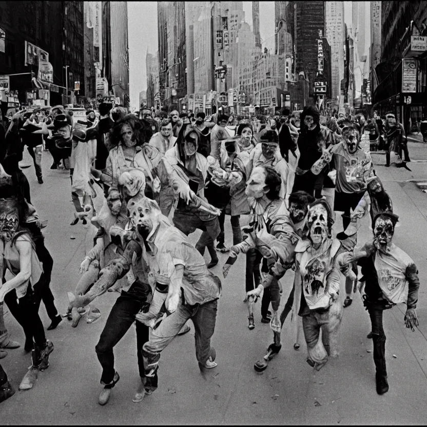 Image similar to radioactive zombies staggering in new york city street, 1970s, 35mm film look, Kodak Portra 400, 8k, vintage color polaroid
