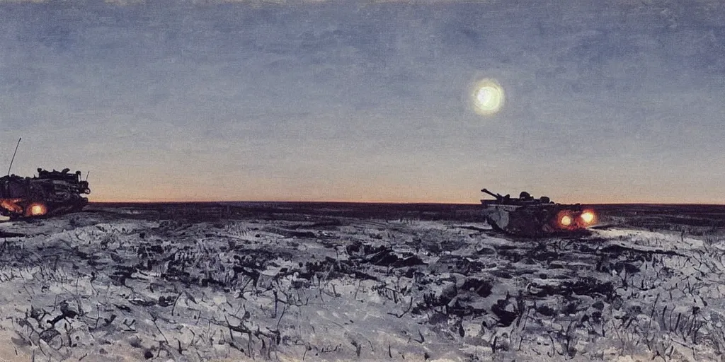 Image similar to a calm WW2 battlefield at night, Eastern Front, stars, wintertime, trenches, a single lone wrecked tank, painting by Isaac Levitan
