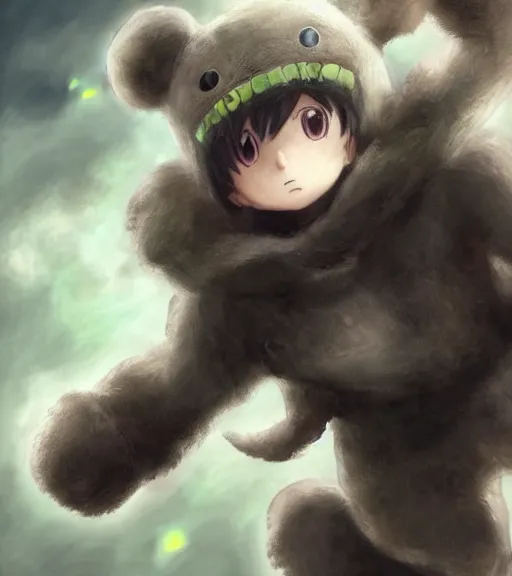 Prompt: attractive little boy wearing an cyborg bear suit, artwork in kentaro miura and made in abyss and inazuma eleven, smooth, beautiful lightness, anatomically correct, trending on pixiv, fantastic composition, realistic