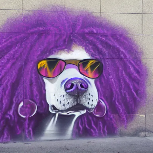 Prompt: a graffiti art of a purple dog with afro hair in the streets of los angeles, hd, 8 k, hyper realistic, hyper detailed,