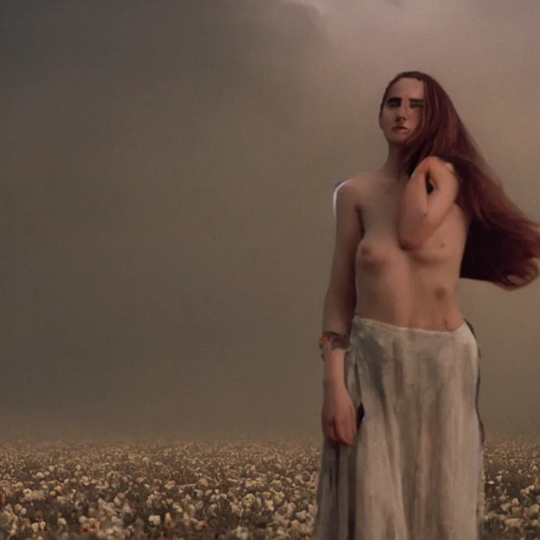 Prompt: The full body shot of beautiful pale woman with many flowers and full-face black mask inside a thick cloud black smoke in rocky desert landscape, glowing eyes, falling star on the horizon by Gaspar Noe, Alejandro Jodorowsky and Christopher Doyle, anamorphic lens, anamorphic lens flares, kodakchrome, cinematic composition, award winning photo, 8k