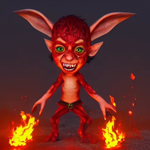 Prompt: a cute, enraged elf with violent skin reflecting a fiery scene, a scarred face, a bob haircut, and bushy eyebrows, grinning, with hell aflame behind them, in the style of gary frank and rafael albuqurque, rendered in unreal engine