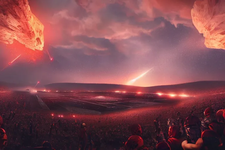 Prompt: meteorites fall from the red sky upon a football stadium, crowds panic, cinematic lighting by Jessica Rossier