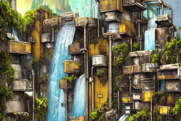 Image similar to brutalist waterfall favela honeybee hive, art nouveau environment, magma, industrial factory, award winning art, epic dreamlike fantasy landscape, ultra realistic,