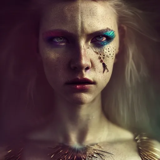 Prompt: portrait photography of a female warrior surrounded by energy, magic and lightning, epic, fantasy, D&D, intricate, upper body, highly detailed, sharp focus, cinematic lighting, fine art photography of Flora Borsi