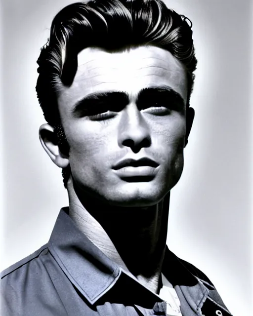 Image similar to genetic cross between james dean and sean connery : : handsome young man with pompadour, sideburns, and slight mullet : : sharp cheekbones, dimpled cheeks and chin, soulful blue eyes, stern lips : : professional color photograph, dynamic lighting, highly detailed