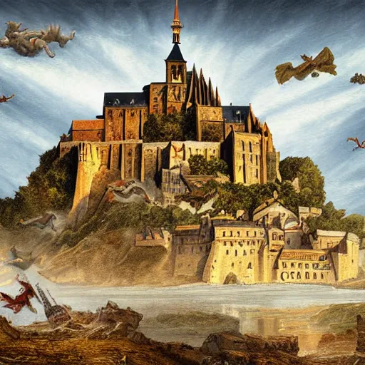 Image similar to landscape of Mont Saint-Michel under attack by dragons, high fantasy, highly detailed digital art