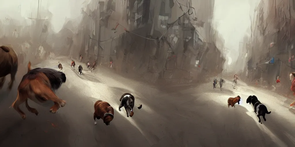 Image similar to landscape of people running from a giant obese dog, very scared, digital art, artstation