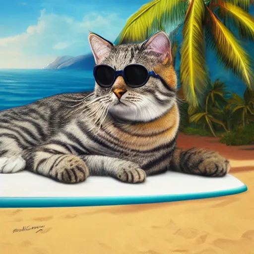 Prompt: oil painting portrait of a grey tabby Cat wearing sunglasses sitting on a surf board on a tropical island background digital Art, concept Art, highly detailed, 3-D 4K, trending on art station, Mark Brooks,