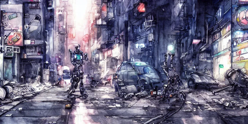 Image similar to watercolour painting of a broken robot repairing its own arm in a post apocalyptic city street, anime, pencil lines, light watercolour, pale sky, dirty streets, beautiful artwork, anime screenshot, akihabara, remaster