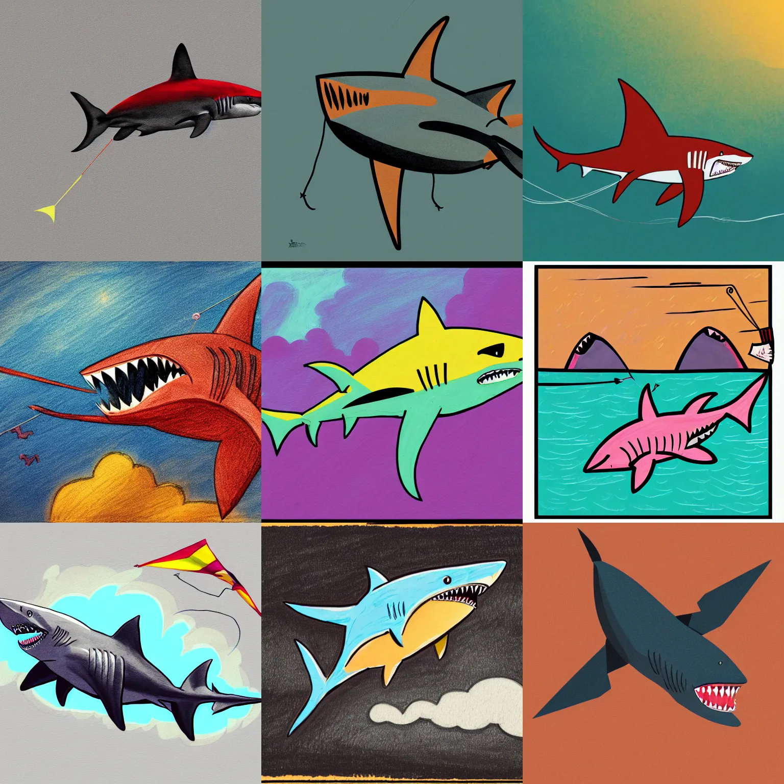 Prompt: a shark flying a kite, concept art, digital line art painting, illustration, graphic novel, graphite, marker art, crayon, paint, comic book, warm color palette, electric colors, tonal colors, 2 d, 8 k, natural lighting, amoled, moody lighting, diffraction grading, cell shading