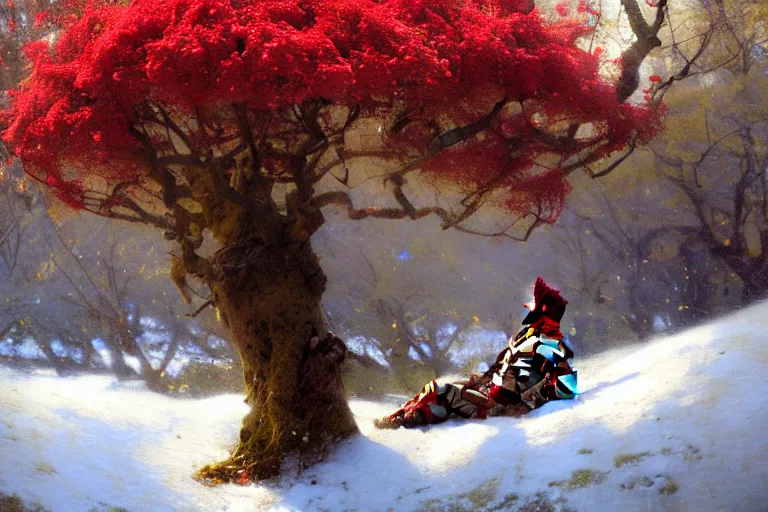 Image similar to a male warrior relaxing under a huge tree with red flowers, god ray, ground covered with snow, extreme long shot, fantasy, painting by gaston bussiere, craig mullins, j. c. leyendecker, trending on artstation