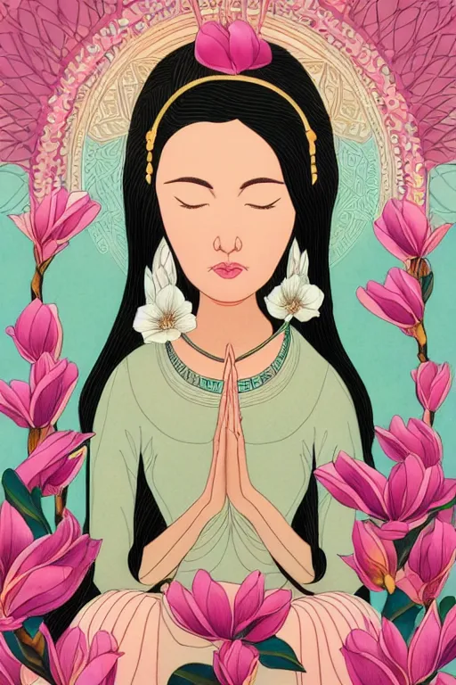 Prompt: a goddess of magnolia a queen of the garden, meditating! with a beautiful symmetrical face!!! cinematic lightning, isolated, studio lighting by audrey kawasaki