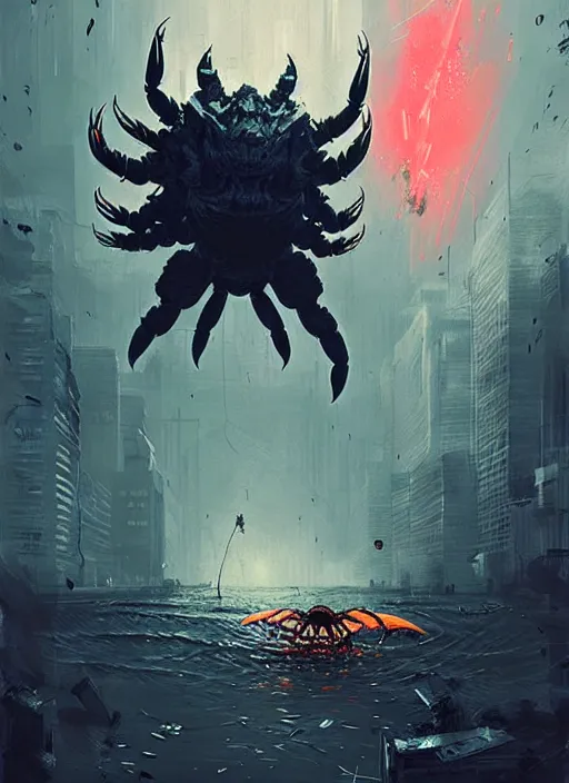 Image similar to horror art, crab kaiju attacks ny, art by ismail inceoglu