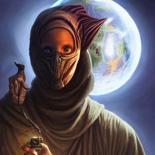 Image similar to masked nomad male wearing a cloak on an alien world and holding a holographic planet projection in his hand, detailed, sci - fi, digital painting, artstation, sharp focus, illustration, ominous, artgerm, tomasz alen kopera, peter mohrbacher, donato giancola, joseph christian leyendecker, wlop, frank frazetta