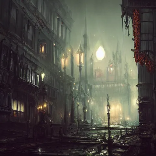 Image similar to dark fantasy Victorian city, digital art, concept art, trending on artstation, highly detailed, grim atmosphere, volumetric lighting