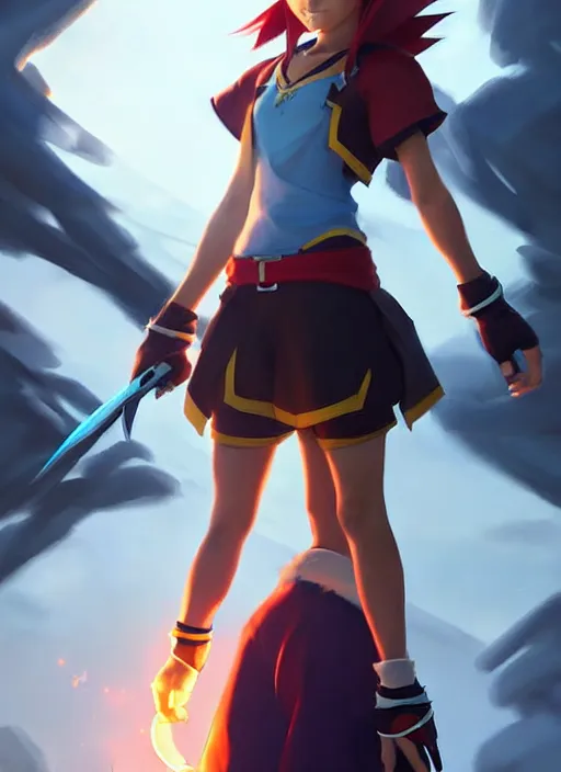 Prompt: female cosplayer wearing cosplay of sora from kingdom hearts. art by greg rutkowski, art by pascal blanche. crisp quality. digital photography. trending in deviantart.