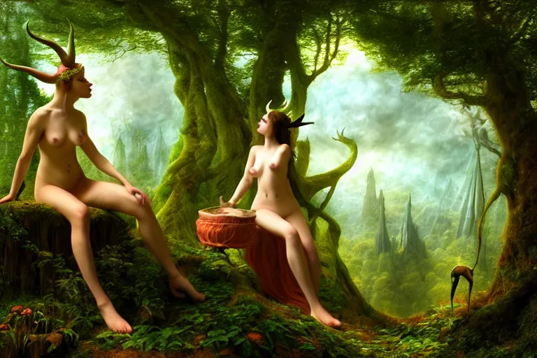 Prompt: a beautiful and highly detailed matte painting of a sexy nymph talking to a horned pan in a mystical forest, psychedelic, celtic, intricate details, epic scale, insanely complex, 8 k, sharp focus, photorealism, artstation, cgsociety, by caspar friedrich, albert bierstadt, james gurney, brian froud,