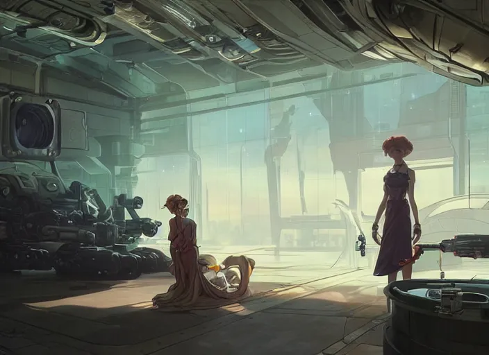 Image similar to a pretty robot mechanic woman and her alien space cat sleeping in a spaceport hangar in a space opera x cyberpunk ghibli animated film, volumetric lighting, octane render by stanley artgerm lau, greg rutkowski, thomas kindkade, alphonse mucha, loish, norman rockwel, highly detailed