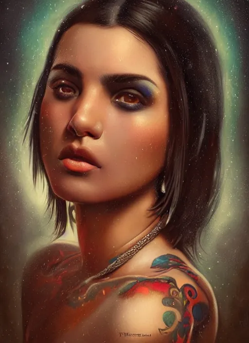 Image similar to a magical portrait of a mexican gang member with beautiful brown eyes and short black hair, art by manuel sanjulian and tom bagshaw