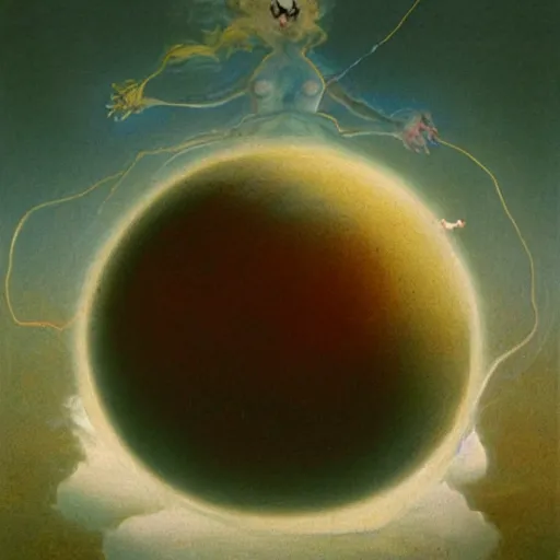 Image similar to a sphere being devoured by abstract splatters of white paint in the style of francis bacon, venus being engulfed in white flames in the style of james jean, surreal, beksinski, high detailed