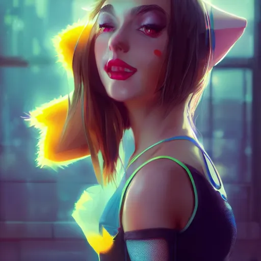 Image similar to color portrait of an attractive girl wearing a mesh costume of pikachu and fishnet stockings, by tsuaii and Wojtek Fus, Trending artstation, cinematográfica, photography