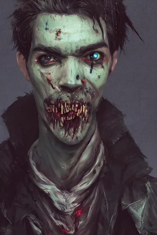 Image similar to A fancy portrait of a zombified YouTuber jacksepticeye by Greg Rutkowski, Sung Choi, Mitchell Mohrhauser, Maciej Kuciara, Johnson Ting, Maxim Verehin, Peter Konig, Bloodborne, 8k photorealistic, cinematic lighting, HD, high details, dramatic, dark atmosphere, trending on artstation