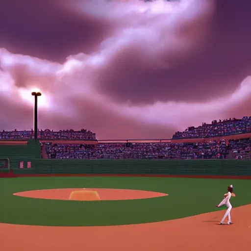 Image similar to disney pixar render of an aberration in the fabric of reality above a little league baseball game, tearing reality apart, everyone looks up at the sky, cinematic lighting