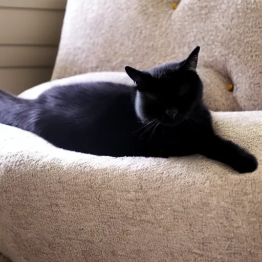 Image similar to a beautiful black cat sleeping on a fluffy sofa