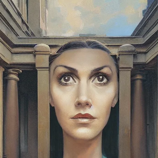 Image similar to detailed face of an intelligent scholarly woman with kind eyes in a architectonic ionic courtyard at a science expo, atmospheric, ambient, pj crook, syd mead, livia prima, artgerm, greg rutkowski, nick alm, casey baugh