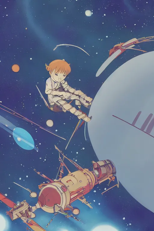 Prompt: a child waiting in a spacestation for a ride, last exile, loish, yoshitoshi abe,, yuya nagai, Ilya Kuvshinov, murata range, jean giraud, makoto shinkai, kawaii, sketch, beautiful, dreamy,gradation, vibrant colors, matte print, high saturation, detailed, studio lighting, anime, manga