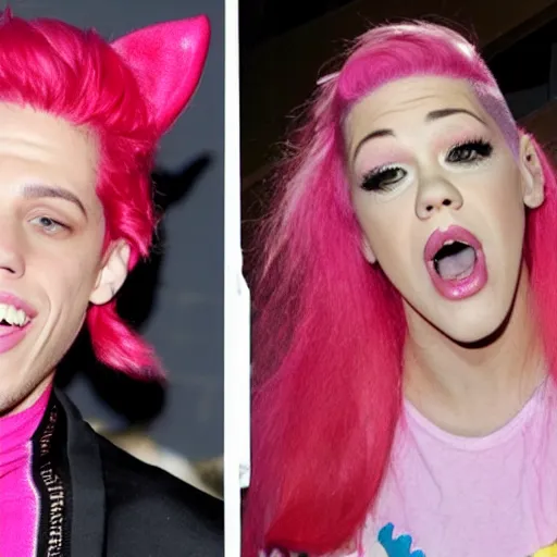 Image similar to pete davidson with pink hair in a silly dinosaur costume