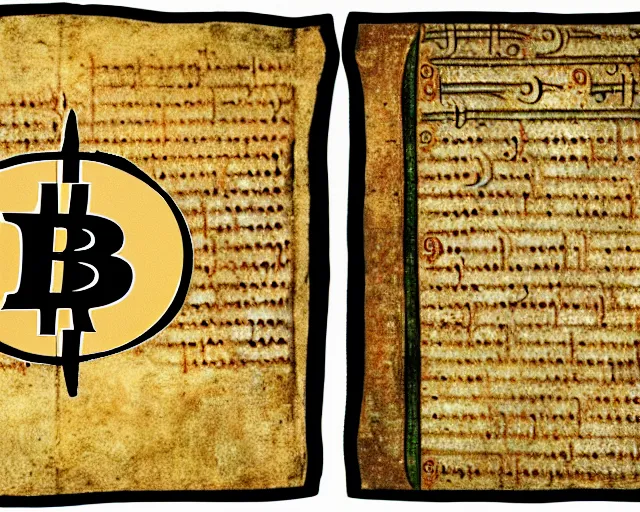 Prompt: medieval! manuscript!, bitcoin! logo at the left! side of page, ethereum! logo at the right! side of page