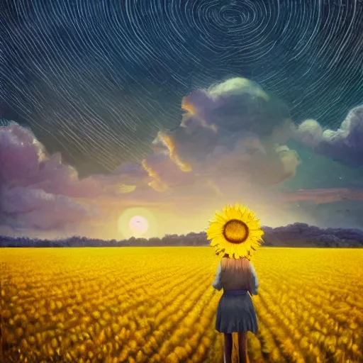 Prompt: huge sunflower head, girl walking in wheat field, hills, surreal photography, dark night, star trails, dramatic light, impressionist painting, clouds, digital painting, artstation, simon stalenhag