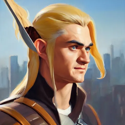 Image similar to greg manchess portrait painting of legolas as overwatch character, medium shot, asymmetrical, profile picture, organic painting, sunny day, matte painting, bold shapes, hard edges, street art, trending on artstation, by huang guangjian and gil elvgren and sachin teng