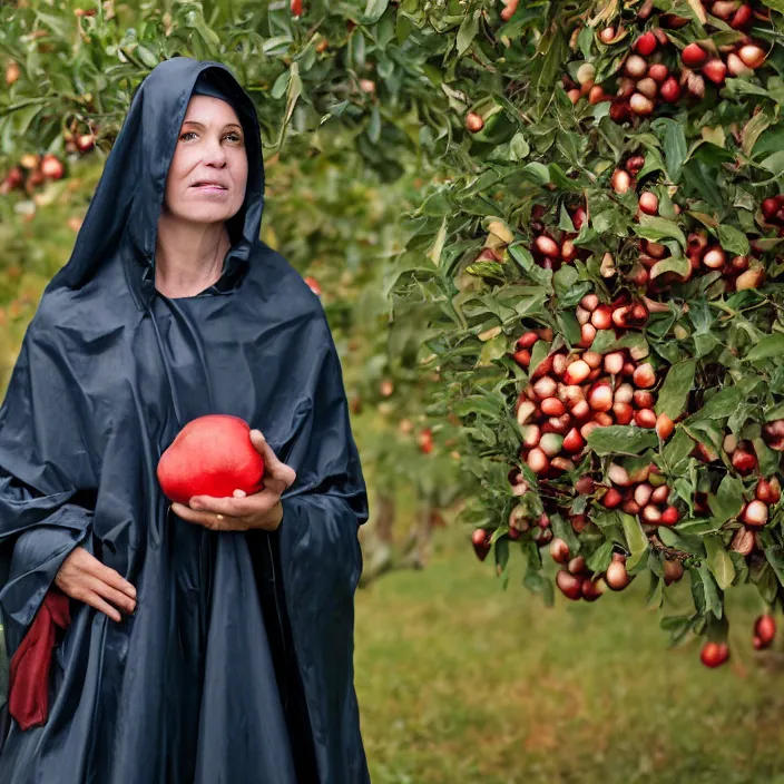 Prompt: a closeup portrait of a woman wearing a hooded cloak made of mylar and polyester, picking pomegranates from a tree in an orchard, foggy, moody, photograph, by vincent desiderio, canon eos c 3 0 0, ƒ 1. 8, 3 5 mm, 8 k, medium - format print