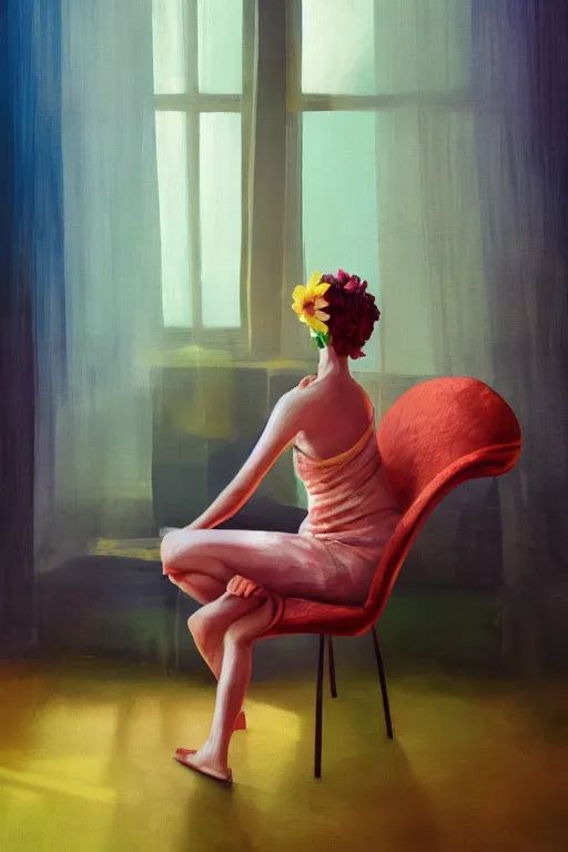 Image similar to closeup, huge flower head, woman sitting on lounge chair by a tall window, surreal photography, studio light, impressionist painting, digital painting, artstation, simon stalenhag