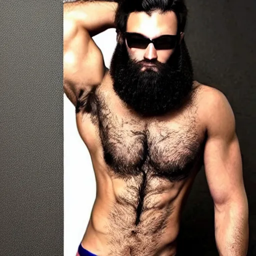 Image similar to a chad with wavy black hair and a beard. muscular. godlike. using a computer.