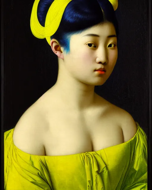 Prompt: photo-realistic portrait of a young asian woman with blue hair buns, wearing a neon yellow dress by Vivienne Westwood, intricate details, masterpiece, in the style of Jean Auguste Dominique Ingres, black background