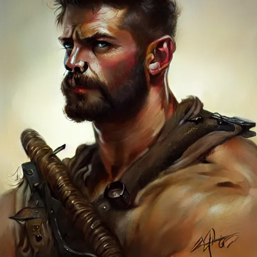 Image similar to portrait of a rugged ranger, muscular, upper body, blood, D&D, fantasy, intricate, elegant, highly detailed, digital painting, artstation, concept art, smooth, sharp focus, illustration, art by artgerm and greg rutkowski and alphonse mucha