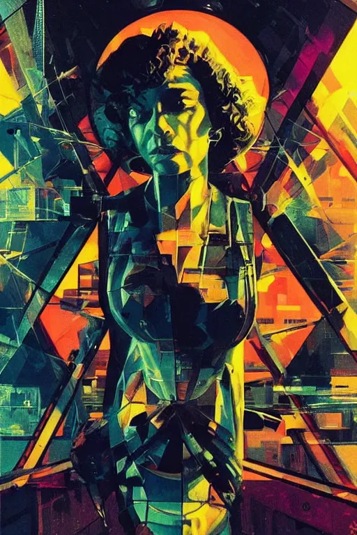 Image similar to fisheye, a silhouette of a woman lost in broken tensor fields, madness, decoherence, synthwave, glitch!!, fracture, realistic, hyperdetailed, concept art, golden hour, art by syd mead, cubism