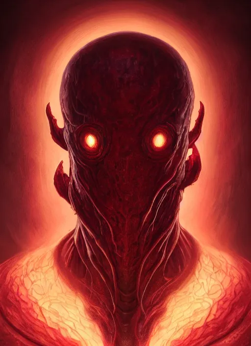 Image similar to Portrait of a Mind Flayer, red glowing eyes, fantasy, extremely detailed, digital painting, artstation, concept art, smooth, sharp focus, illustration, stunning lighting, art by artgerm and greg rutkowski and alphonse mucha and simon stalenhag, realistic character concept, high fantasy, dark atmosphere, golden ratio, cinematic lighting, hyperdetailed, high resolution, insanely detailed and intricate, artstation, Marc Simonetti, Greg Rutkowski, 8k