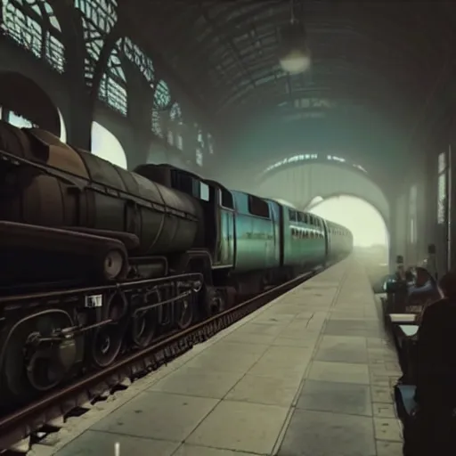 Image similar to :: Train to Hogwarts :: cyberpunk style :: Makoto Shinkai cyberpunk style :: Cinematography by Zack Snyder ::8k resolution :: cinematic shot :: epic :: awe :: masterpiece