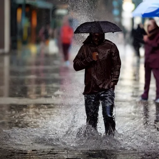 Image similar to people on street get wet of chocolate liquid rain, flooded with 🍫