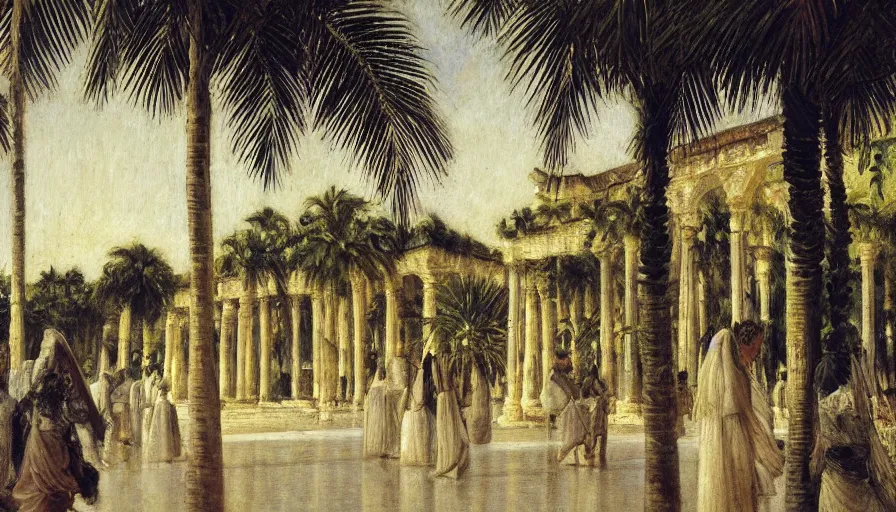 Image similar to a ultradetailed beautiful painting of the night sky of the amazonas palace balustrade designed by jules bastien - lepage, tarsila do amaral, frank weston and gustave baumann, beach, trending on artstation, mediterranean, palm trees, sharp focus, giant greek columns, soft light, 8 k 4 k