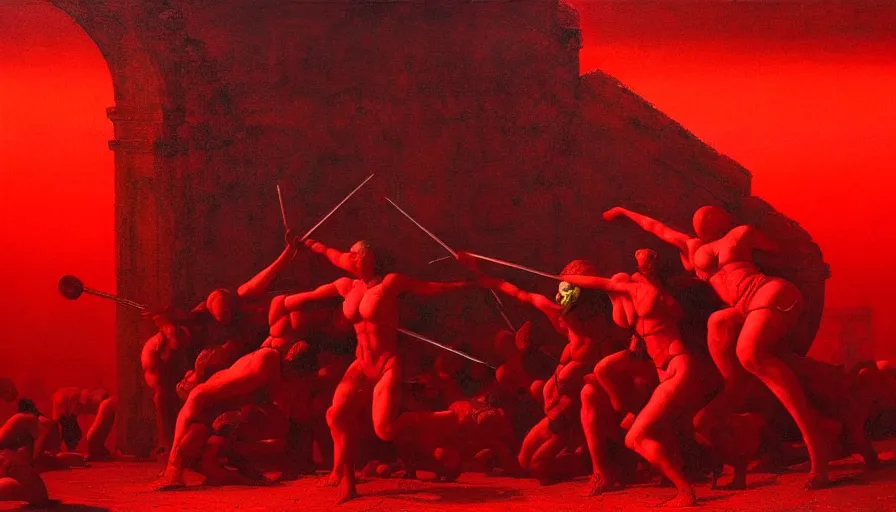 Image similar to only with red, gladiator battle in a crowded roman amphitheatre, crowd cheering, in the style of beksinski and edward hopper and rodcenko and yue minjun and cory loftis, intricate and epic composition, red by caravaggio, highly detailed, masterpiece, red light, artstation, art nouveau